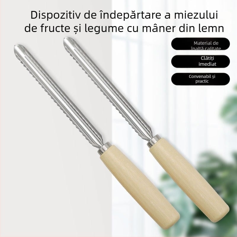 Dispozitiv pentru extragerea miezului din fructe și legume, cu mâner din lemn, pentru mere și pere, oțel inoxidabil