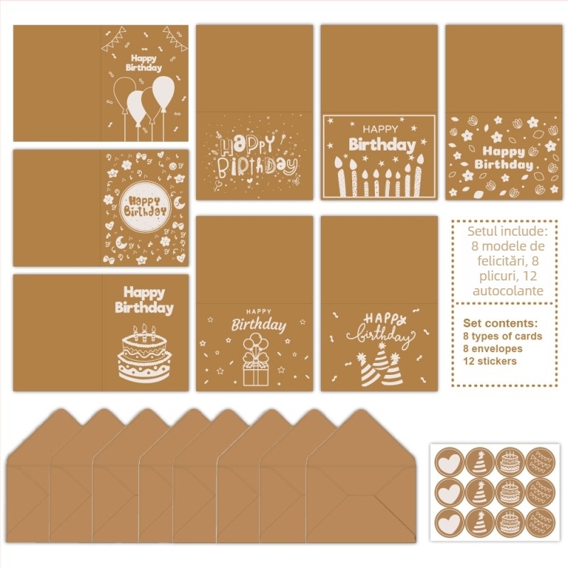 Card de zi de naștere internațional din hârtie Kraft, finisaj cu laser, DIY, cu plic, pliat, interior gol pentru mesaj scris de mână