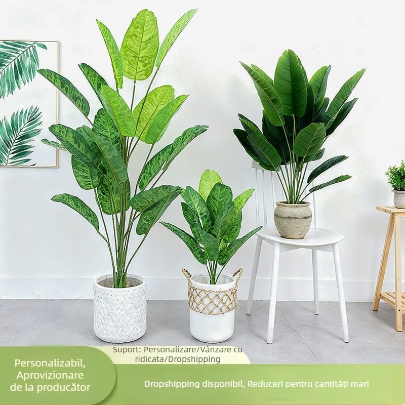 Plantă artificială tropicală: bananierul călătorului și pasărea paradisului – bonsai de interior mare, cu 24 ramuri