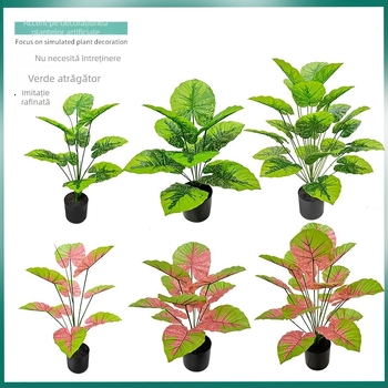 Plantă artificială de inspirație nordică, cu frunze colorate de taro, într-un ghiveci de podea, decor interior pentru living și vitrină, înălțime 30-100 cm