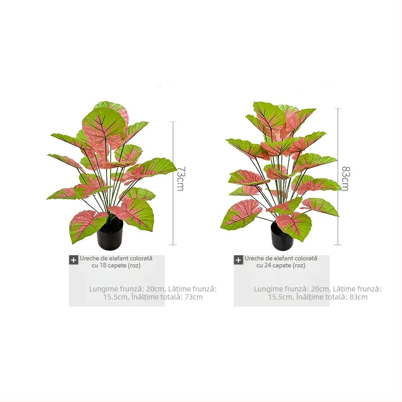 Plantă artificială de inspirație nordică, cu frunze colorate de taro, într-un ghiveci de podea, decor interior pentru living și vitrină, înălțime 30-100 cm