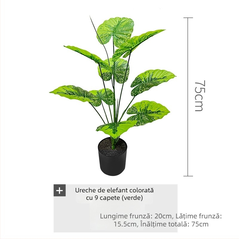 Plantă artificială de inspirație nordică, cu frunze colorate de taro, într-un ghiveci de podea, decor interior pentru living și vitrină, înălțime 30-100 cm