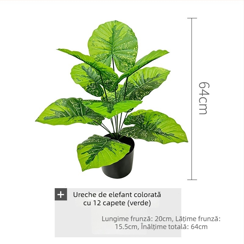 Plantă artificială de inspirație nordică, cu frunze colorate de taro, într-un ghiveci de podea, decor interior pentru living și vitrină, înălțime 30-100 cm