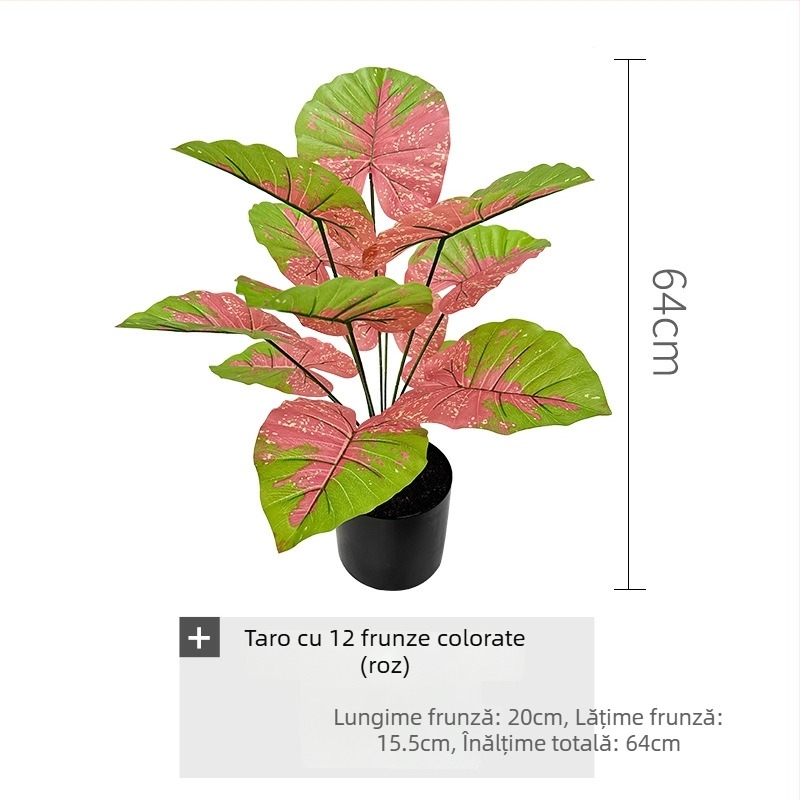 Plantă artificială de inspirație nordică, cu frunze colorate de taro, într-un ghiveci de podea, decor interior pentru living și vitrină, înălțime 30-100 cm