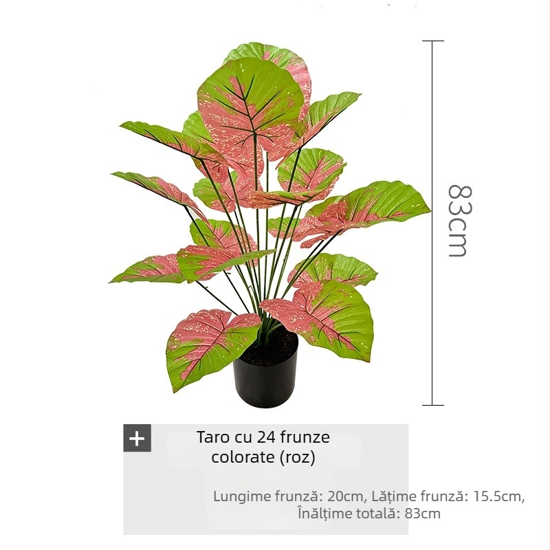 Plantă artificială de inspirație nordică, cu frunze colorate de taro, într-un ghiveci de podea, decor interior pentru living și vitrină, înălțime 30-100 cm