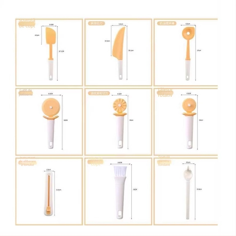 Set de 9 piese pentru cofetărie: spatulă, perie de ulei, lingură de decorare, rulou pentru aluat, tăietor