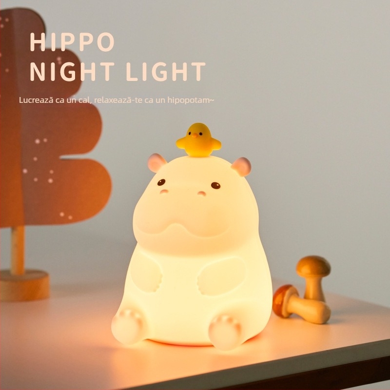 Lampă de noapte din silicon, în formă de hipopotam, lampă de noptieră cu atingere, iluminare ambientală pentru dormitor, alimentare USB, cadou creativ