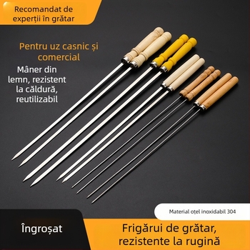 Frigărui din oțel inoxidabil cu mâner din lemn pentru grătar, frigărui plate din oțel, unelte și accesorii pentru grătar