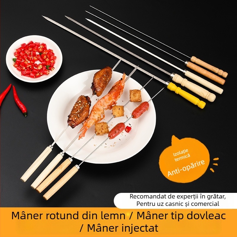 Frigărui din oțel inoxidabil cu mâner din lemn pentru grătar, frigărui plate din oțel, unelte și accesorii pentru grătar