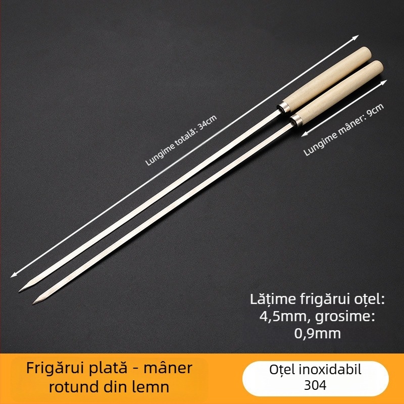 Frigărui din oțel inoxidabil cu mâner din lemn pentru grătar, frigărui plate din oțel, unelte și accesorii pentru grătar