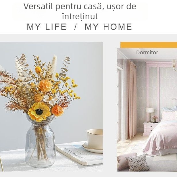 Aranjament premium cu flori artificiale de mătase, frunze de eucalipt și buchete de bumbac, accente DIY din stuf pentru decor elegant de living, stil Instagram.