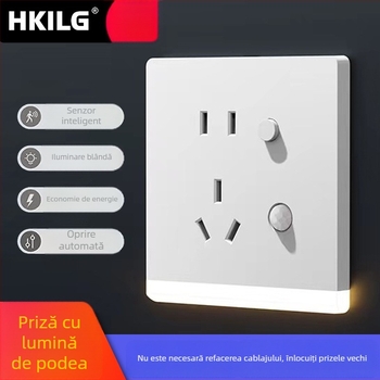 Tip 86 – iluminare încastrată pentru hol cu LED de noapte, senzor de mișcare și priză cu cinci poli