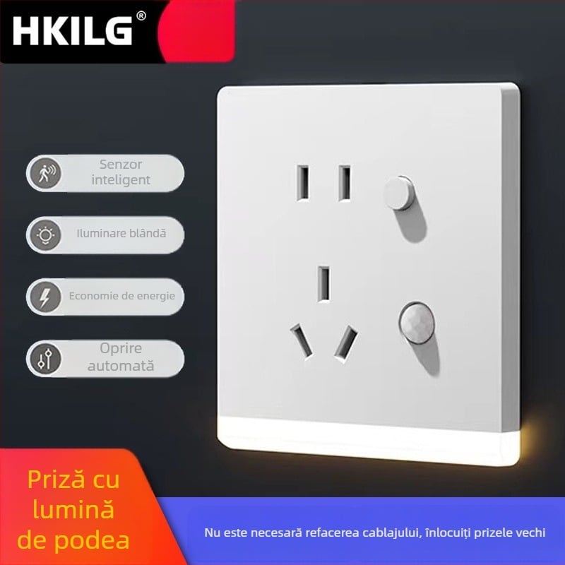 Tip 86 – iluminare încastrată pentru hol cu LED de noapte, senzor de mișcare și priză cu cinci poli