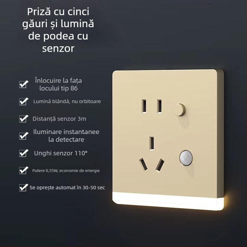 Tip 86 – iluminare încastrată pentru hol cu LED de noapte, senzor de mișcare și priză cu cinci poli