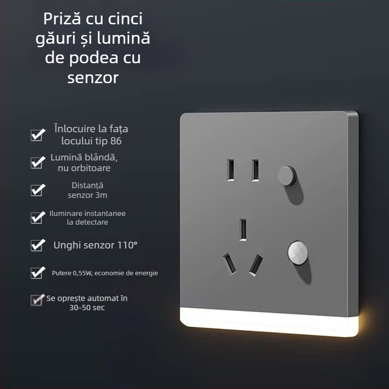 Tip 86 – iluminare încastrată pentru hol cu LED de noapte, senzor de mișcare și priză cu cinci poli
