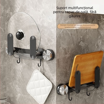 Suport pentru capace de oale cu ventuză și adeziv, montaj fără găuri, organizator multifuncțional pentru capace, design minimalist modern