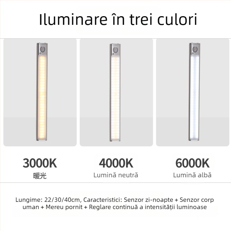 Lampa de dulap cu trei culori, senzor de mișcare, încărcare USB, fără cabluri, lampă pentru dulap de vin