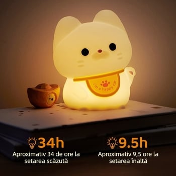 Lampă de noapte din silicon cu pisică norocoasă, încărcare USB, temporizator și telecomandă, LED lampă de noptieră