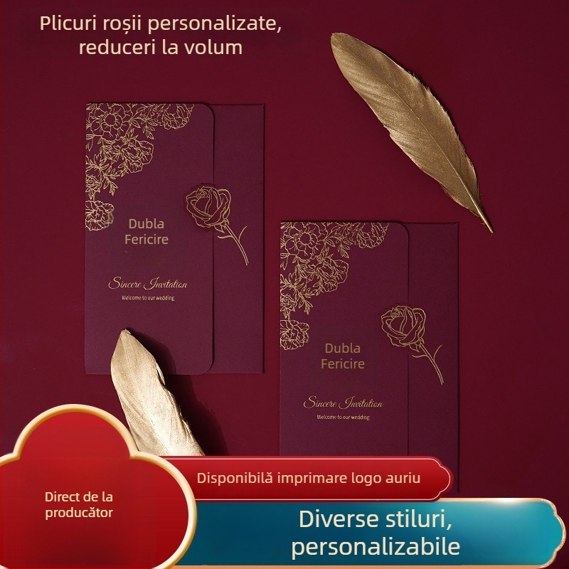 Invitații de nuntă bordo, model QJ-2, hârtie de înaltă calitate, personalizabile, 2026, Qingyang