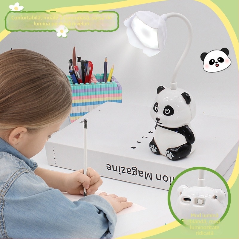 Lampa de birou Panda cu ascuțitoare pentru creion, LED USB reîncărcabil, lampă de noapte pliabilă