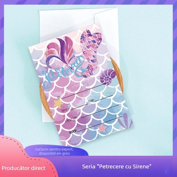 Invitație cu sirenă pentru petrecere de copii – temă oceanică, design cu solzi de pește, urări de ziua de naștere, ornament pentru card