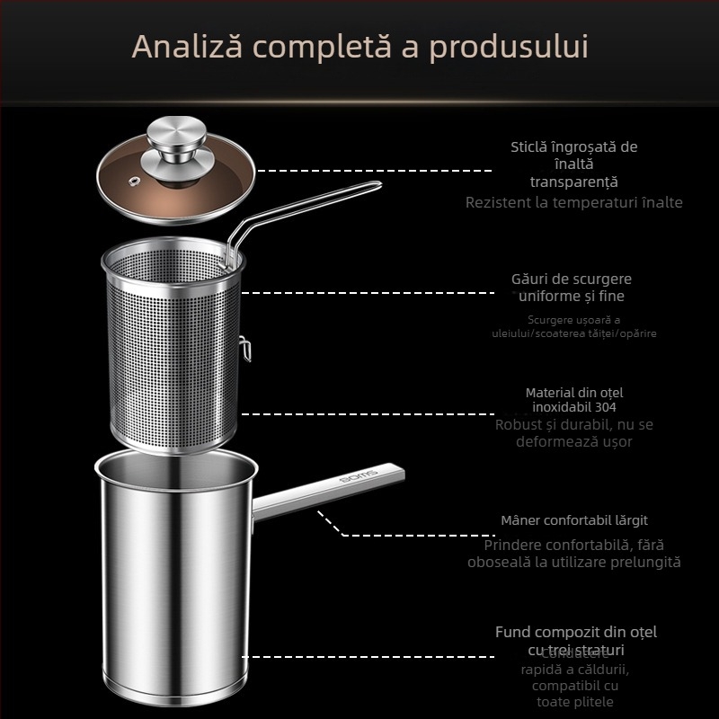 Fritură mică cu filtru, economisire de ulei, pentru uz casnic, tempura japoneză, oțel inoxidabil 304, oală adâncă pentru prăjit