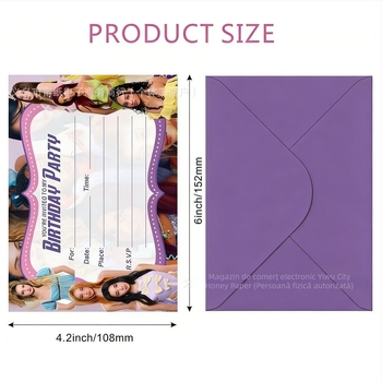 Noul Katseye – invitație de ziua fetei în tema formației feminine, card mov și set decor pentru scenă de petrecere
