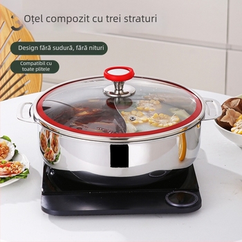 Hongjunda oală din oțel inoxidabil 304 pentru uz casnic, oală de supă îngroșată, vas multifuncțional, oală de supă clară cu separator Yin-Yang, 4.1-6 L