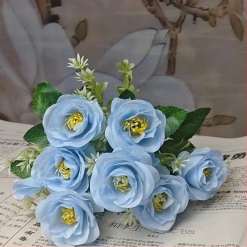 Buchet de trandafiri artificial, 14 capete pe 7 tije ramificate, trandafiri mici cu decor diamant pentru decor