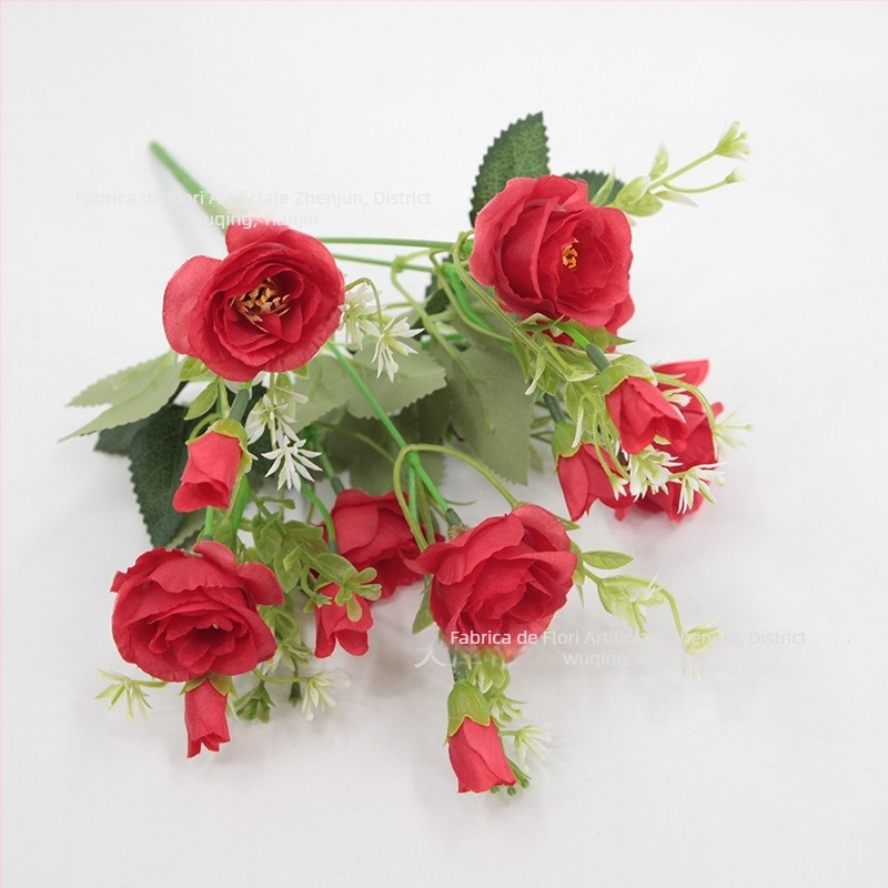 Buchet de trandafiri artificial, 14 capete pe 7 tije ramificate, trandafiri mici cu decor diamant pentru decor