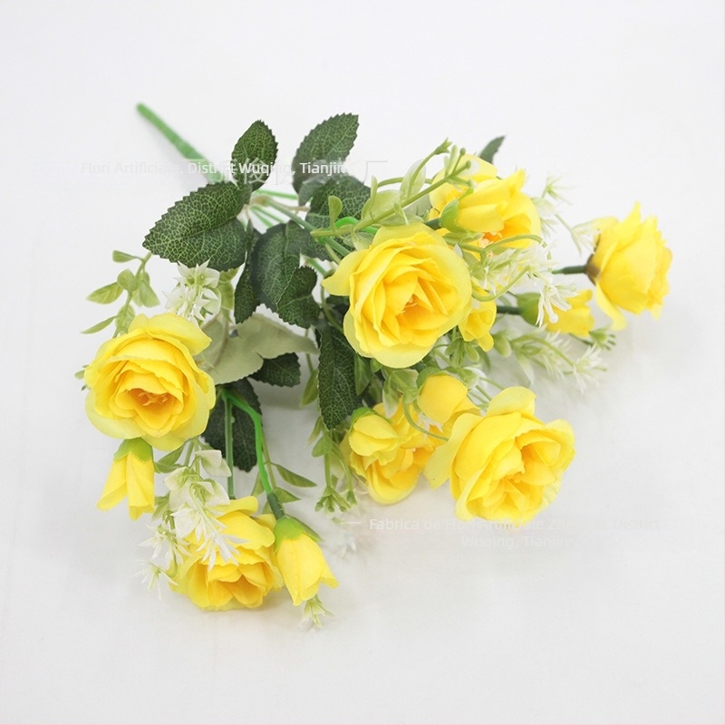 Buchet de trandafiri artificial, 14 capete pe 7 tije ramificate, trandafiri mici cu decor diamant pentru decor