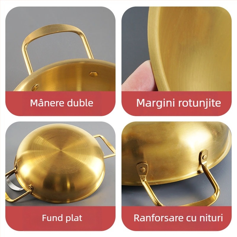Hot pot cu fructe de mare în stil coreean, din oțel inoxidabil – porție unică, oală mini cu fund plat auriu și două mâneri