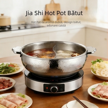 Jiashi Oală hot pot cu textură ciocănită, din oțel inoxidabil 304, fund dublu, compatibilă cu inducția și aragazul, capacitate mare 4,1–6 L, Yin-Yang cu două compartimente, fără capac