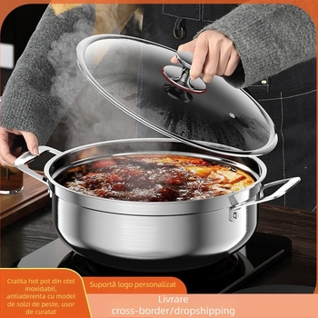 Vas din oțel inoxidabil îngroșat, cu capac, antiaderent, compatibil cu plita cu inducție, fund multiplu cu model în solzi de pește, pentru supe și hot pot, utilizare casnică și comercială