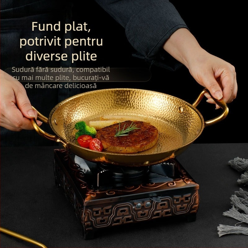 Stil coreean, oțel inoxidabil ciocănit, oală uscată pentru gătit, oală pentru fructe de mare, plită cu alcool, oală în stil militar, oală cu două mânere, oală pentru ramen cu model de zăpadă