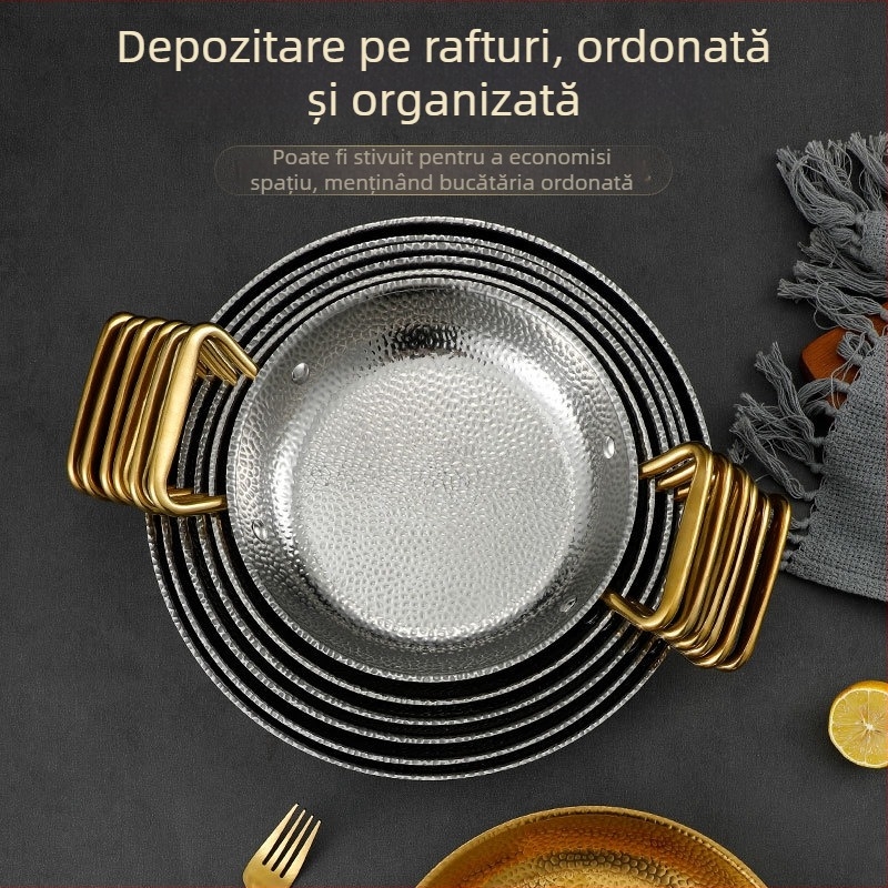 Stil coreean, oțel inoxidabil ciocănit, oală uscată pentru gătit, oală pentru fructe de mare, plită cu alcool, oală în stil militar, oală cu două mânere, oală pentru ramen cu model de zăpadă