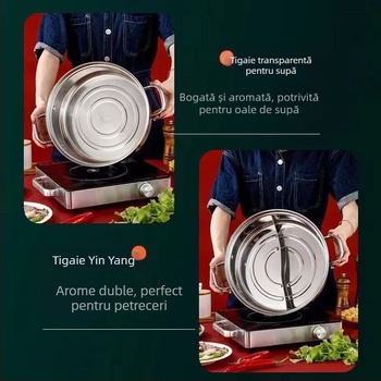 Oală Yin Yang cu fund dublu, din oțel inoxidabil 304, alimentare, 2,1–4 L, pentru uz casnic și comercial