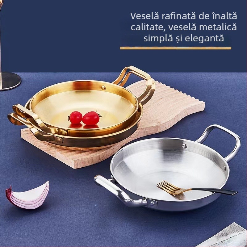 Wok din oțel inoxidabil în stil coreean, pentru fructe de mare, vas plat, auriu, cu două mâneri, pentru uz comercial