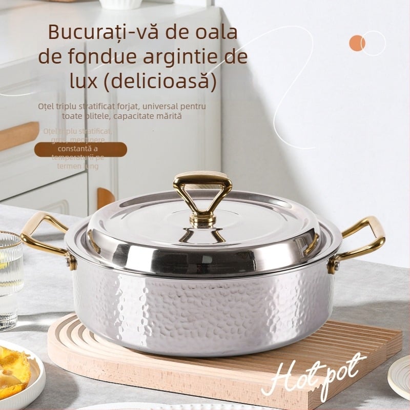 Vas Yin-Yang din oțel inoxidabil cu trei straturi, pentru hot pot, cu separator, compatibil cu plite cu inducție și gaz, pentru supă limpede, capacități 4,1-6 L și 2,1-4 L