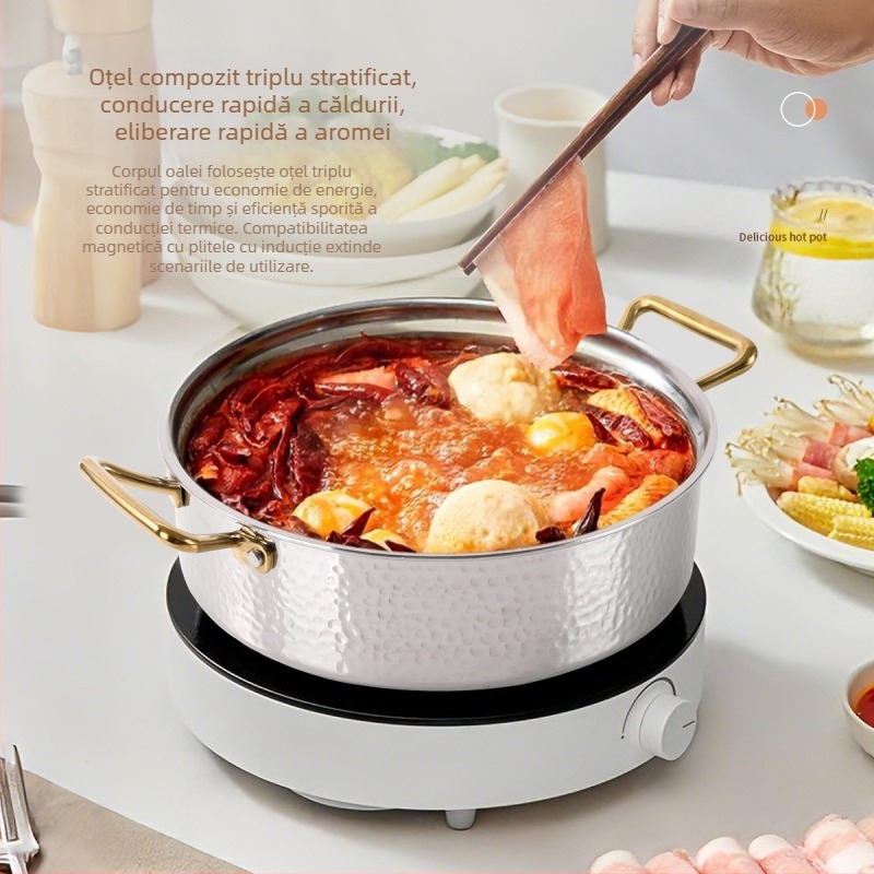 Vas Yin-Yang din oțel inoxidabil cu trei straturi, pentru hot pot, cu separator, compatibil cu plite cu inducție și gaz, pentru supă limpede, capacități 4,1-6 L și 2,1-4 L