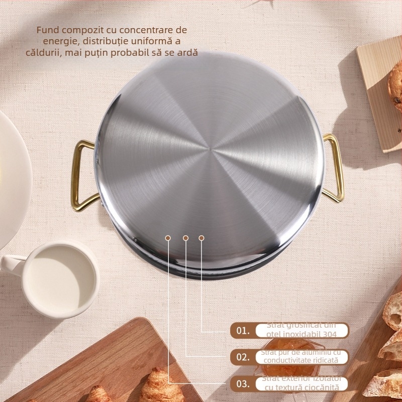 Vas Yin-Yang din oțel inoxidabil cu trei straturi, pentru hot pot, cu separator, compatibil cu plite cu inducție și gaz, pentru supă limpede, capacități 4,1-6 L și 2,1-4 L