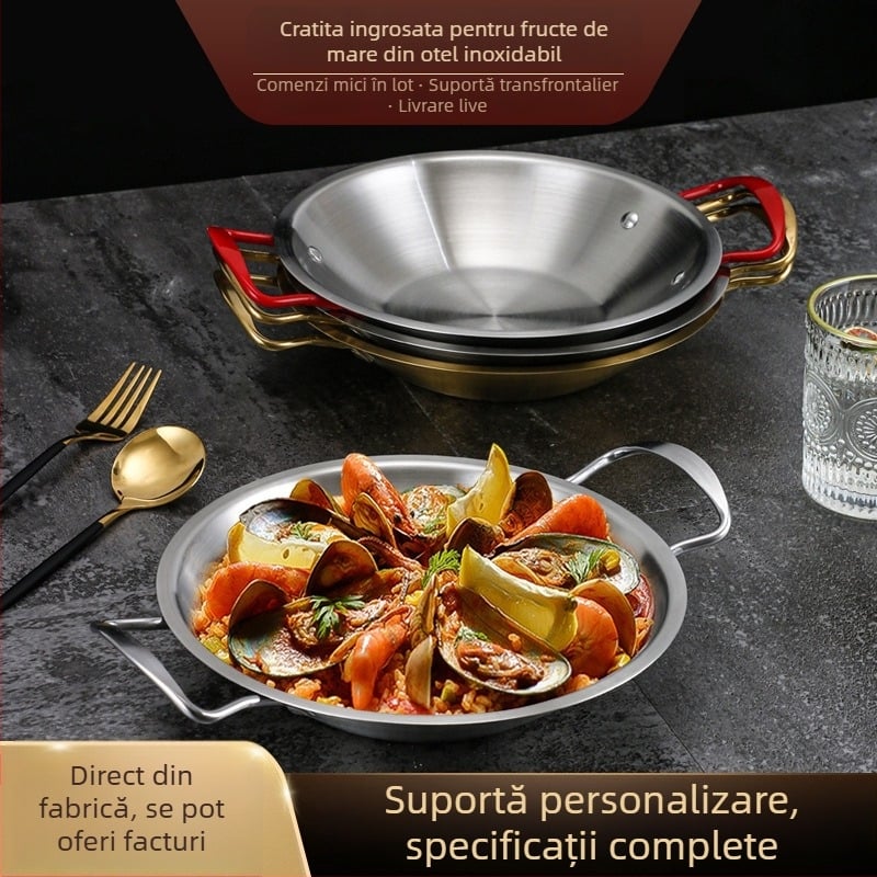 Stil coreean, oțel inoxidabil auriu 304, oală uscată pentru fructe de mare, fund plat, mânere duble