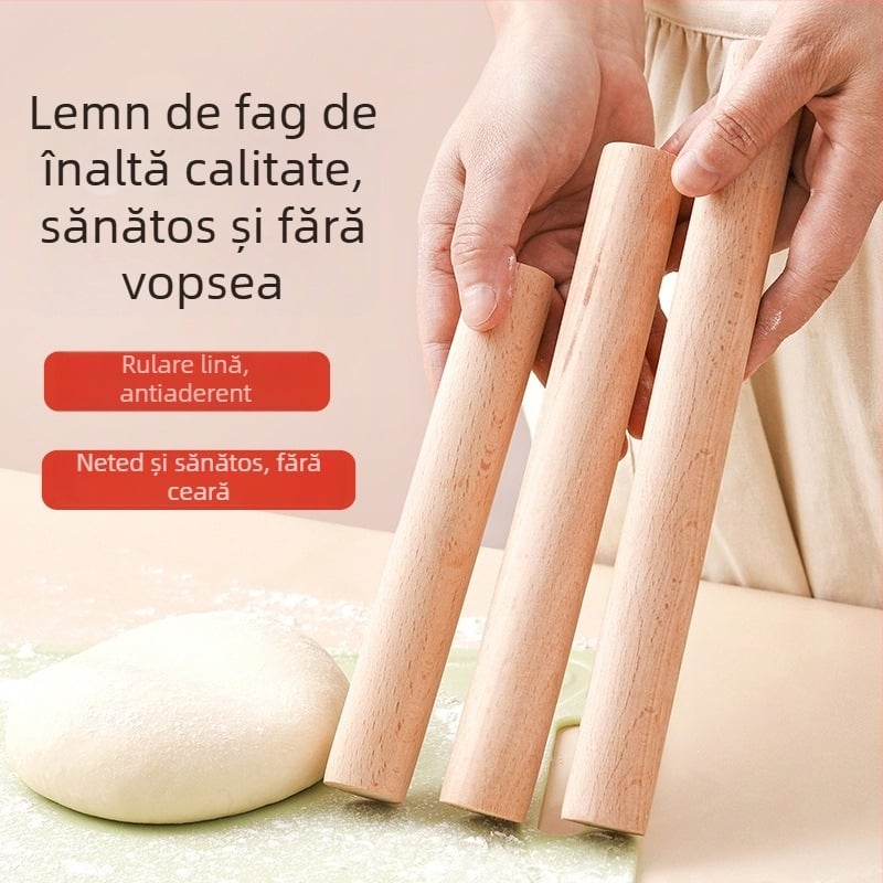 Rulou de aluat din lemn de fag – calitate alimentară, masiv, lung, pentru foi de găluște, uz casnic