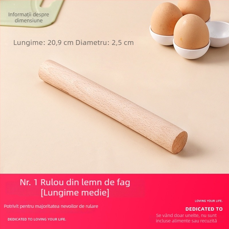 Rulou de aluat din lemn de fag – calitate alimentară, masiv, lung, pentru foi de găluște, uz casnic