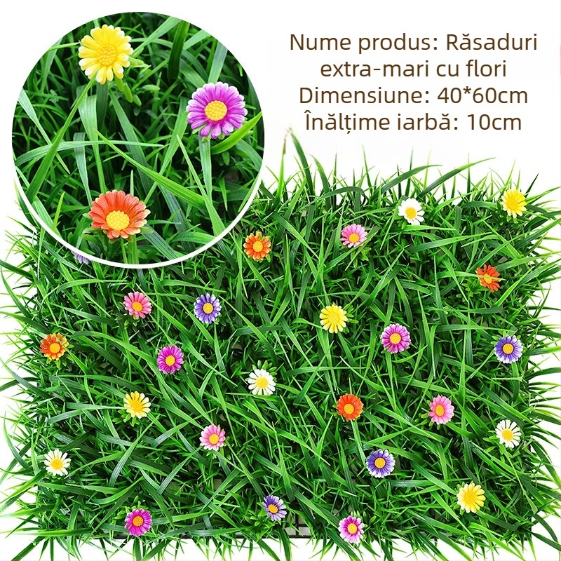 Perete decorativ cu plante artificiale, gazon și flori din plastic – fundal pentru fotografii