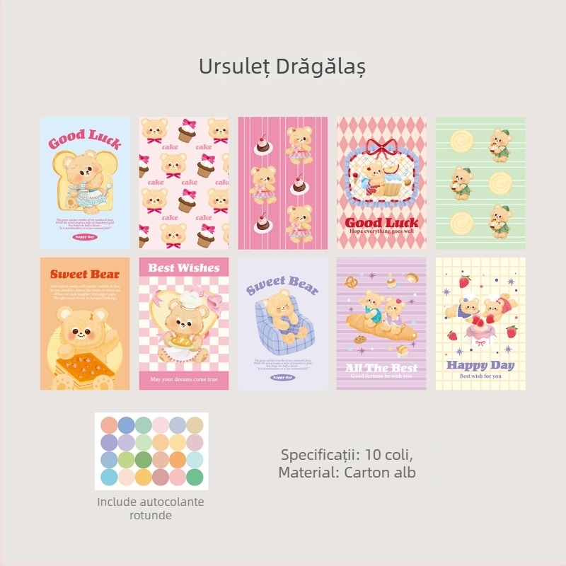 10 bucăți de felicitări desenate manual cu un ursuleț drăguț în stil desen animat, însoțite de postere, autocolante de perete, fundaluri pentru fotografii și carduri decorative cu autocolante