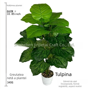 Plantă artificială în ghiveci pentru decor interior, Calathea de apă cu 18 frunze mari verzi și frunze verzi cu model