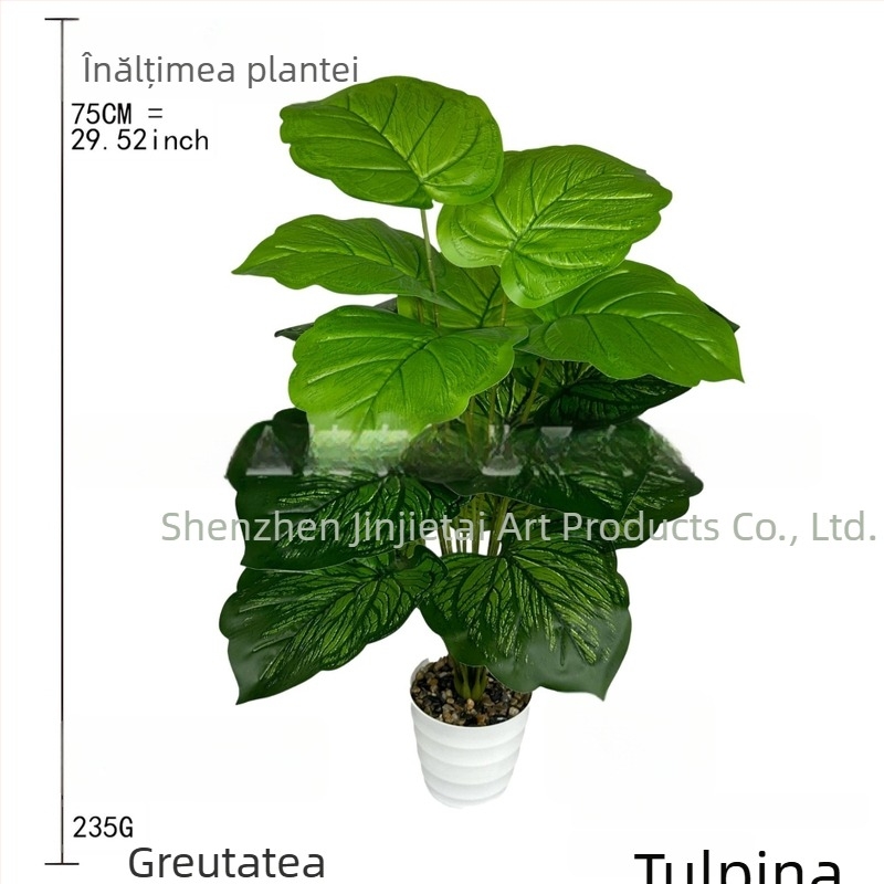 Plantă artificială în ghiveci pentru decor interior, Calathea de apă cu 18 frunze mari verzi și frunze verzi cu model