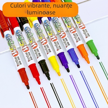 Marker pentru tablă albă, set de 8 culori, vârf dublu (de grosime) - gros și subțire, pe bază de apă, ștergibil, pentru birou și casă