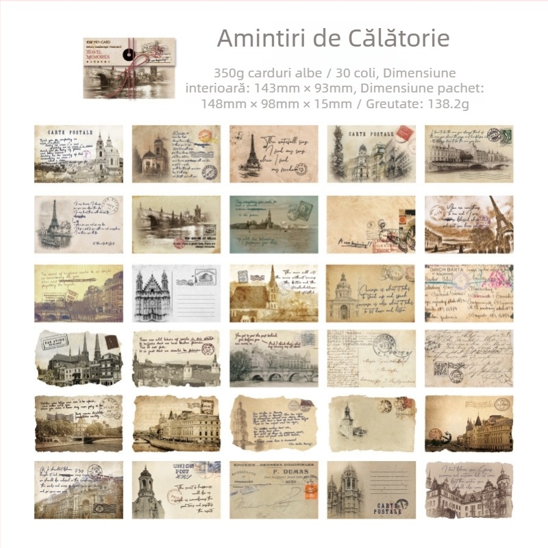 Set de cărți poștale în cutie, cu peisaje arhitecturale retro și tipografie în stilul ziarelor vechi în engleză, pentru jurnal și mesaje cadou